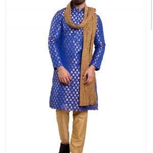 Woven Chanderi Silk Jacquard Kurta Set Royal Blue